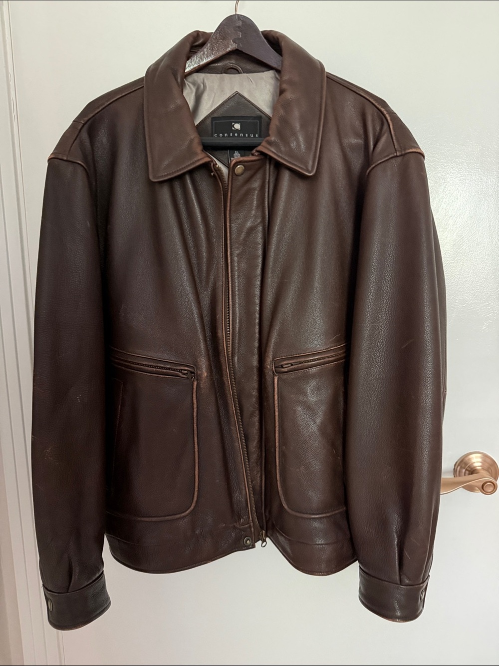 Consensus Outerwear Men’s Brown Leather Zip Jacket